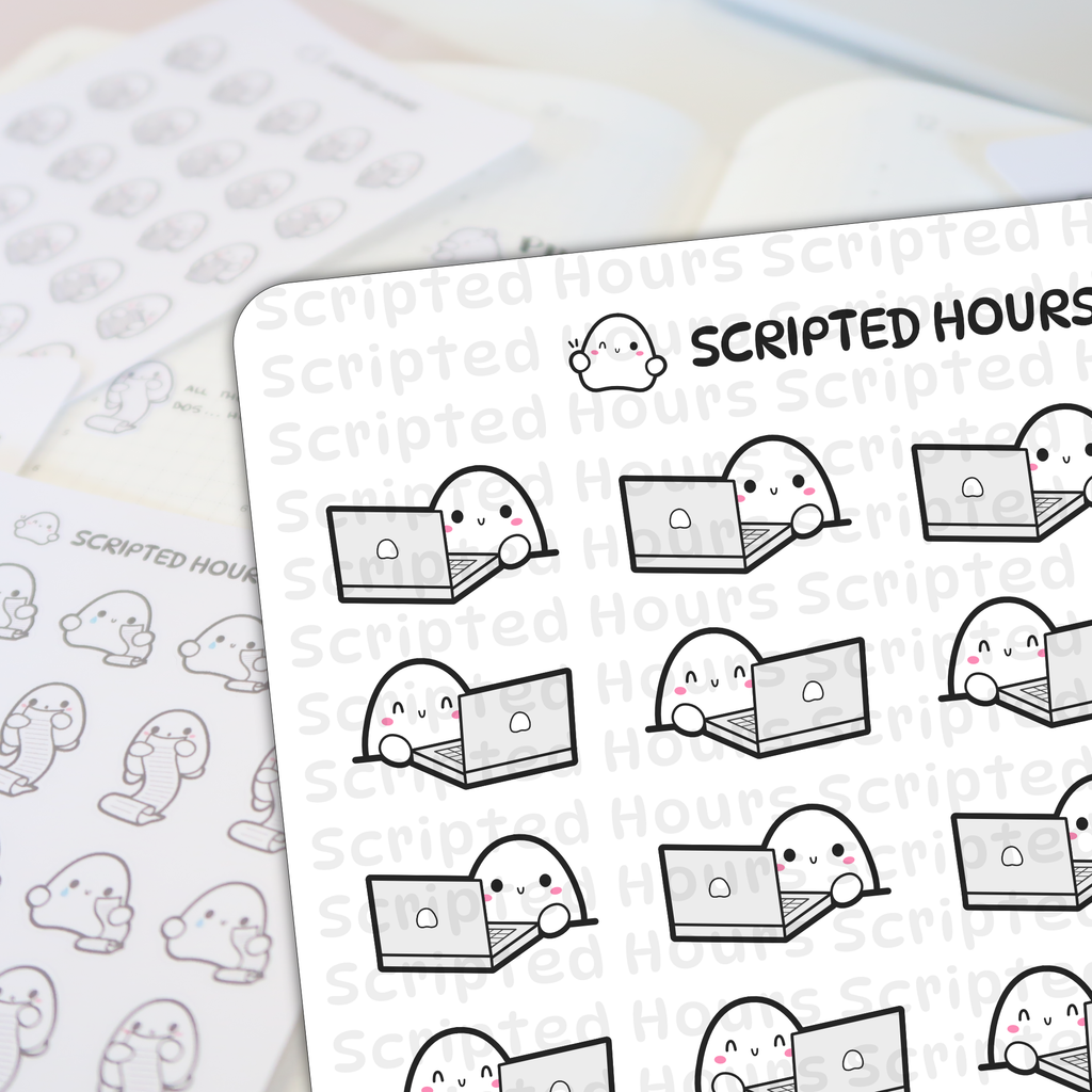 Scripted Hours planner stickers featuring cute ghost-like characters using grey laptops or holding long scroll lists, some with pink blush or tiny blue tears, displayed on a light planner page