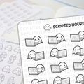 Scripted Hours planner stickers featuring cute ghost-like characters using grey laptops or holding long scroll lists, some with pink blush or tiny blue tears, displayed on a light planner page