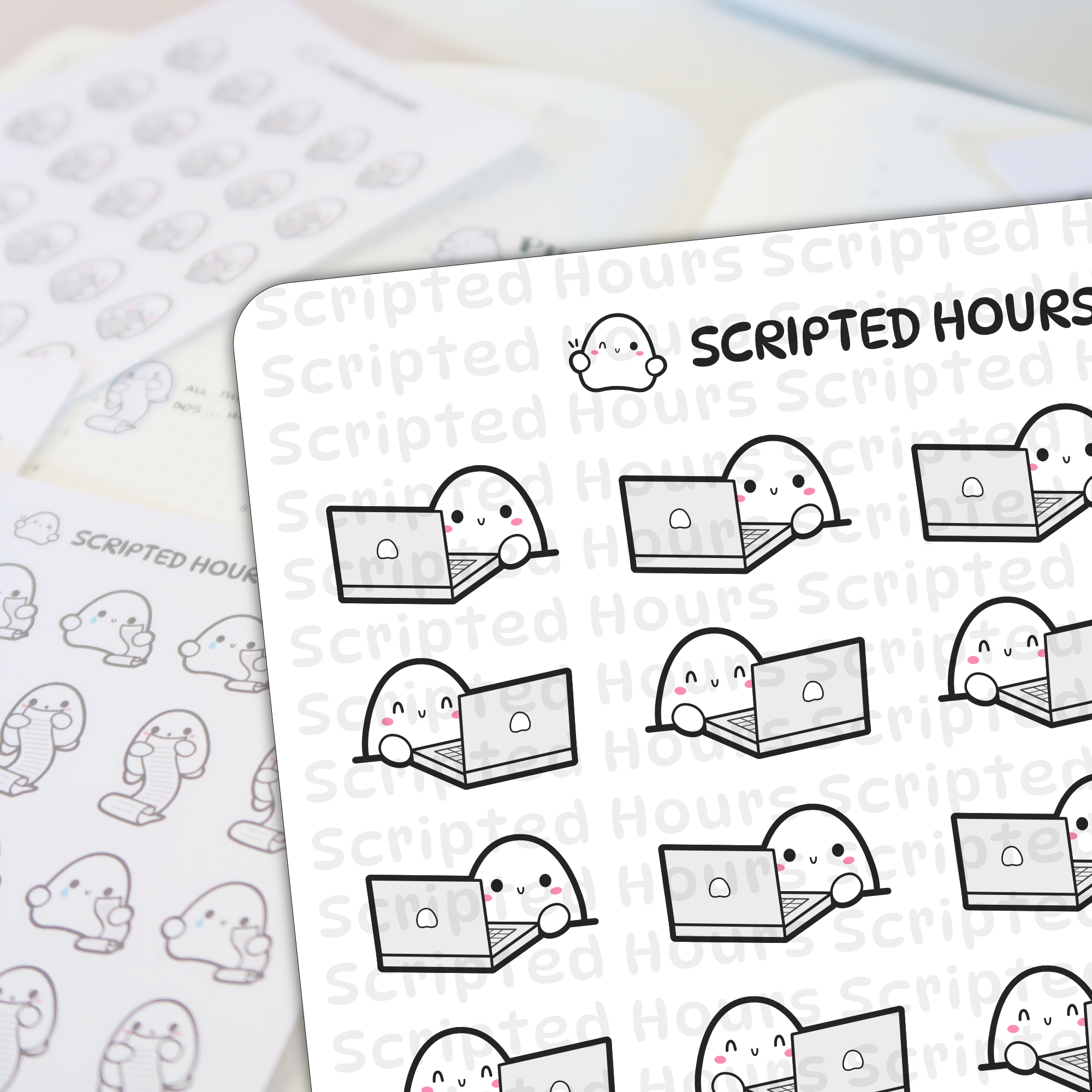 Scripted Hours planner stickers featuring cute ghost-like characters using grey laptops or holding long scroll lists, some with pink blush or tiny blue tears, displayed on a light planner page