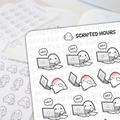 Scripted Hours sticker sheet featuring cute white ghost-like characters in various poses including some typing on laptops with speech bubbles saying "HELP" and others with pink blushing cheeks on a soft focus background of paper or a planner