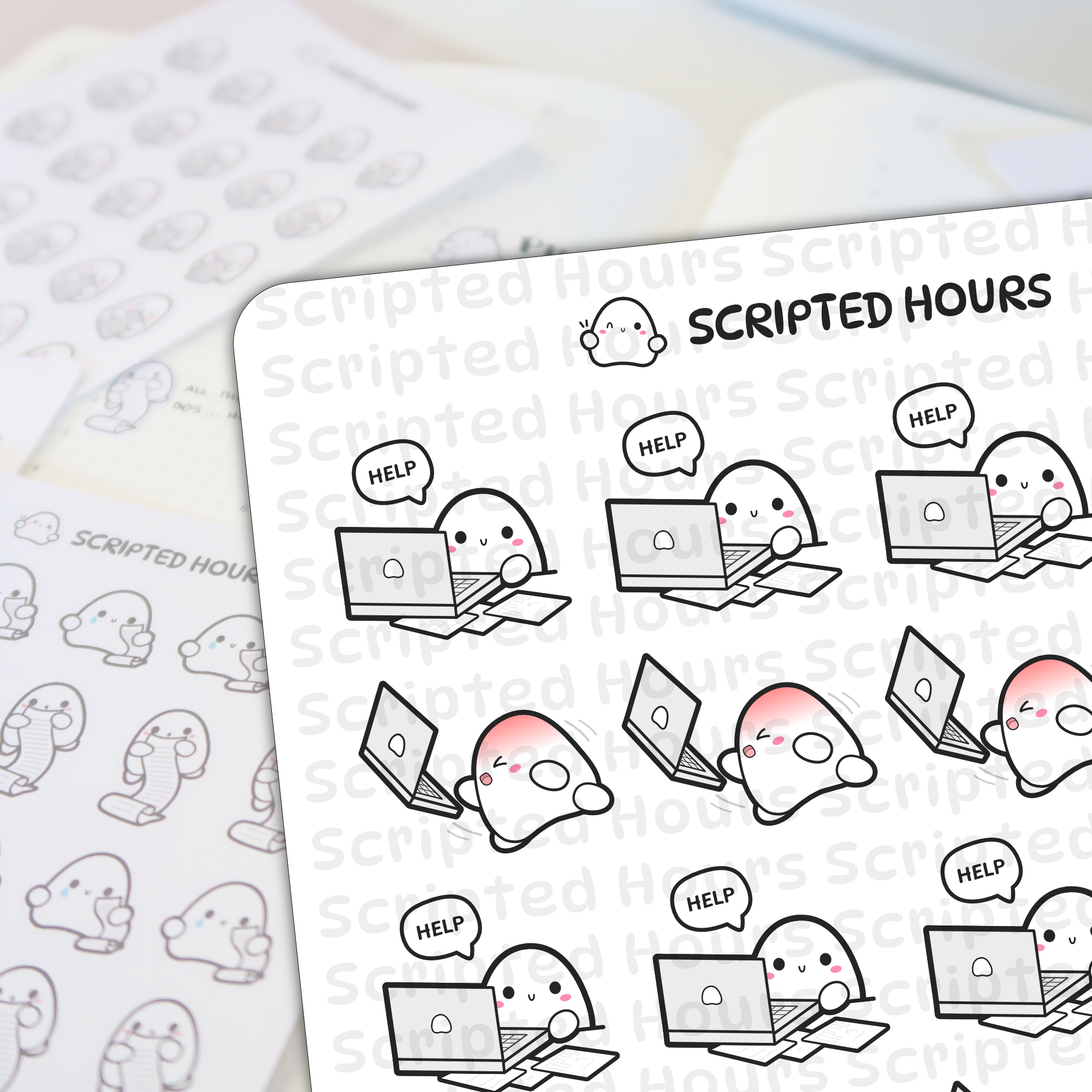 Scripted Hours sticker sheet featuring cute white ghost-like characters in various poses including some typing on laptops with speech bubbles saying "HELP" and others with pink blushing cheeks on a soft focus background of paper or a planner