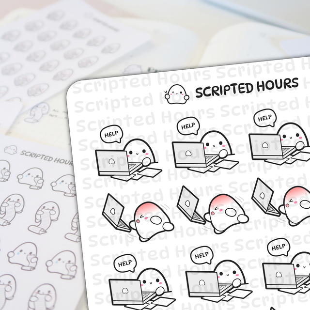 Scripted Hours sticker sheet featuring cute white ghost-like characters in various poses including some typing on laptops with speech bubbles saying "HELP" and others with pink blushing cheeks on a soft focus background of paper or a planner