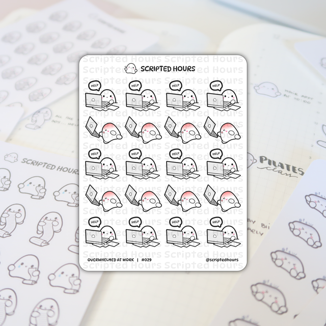 Scripted Hours' Overwhelmed at Work sticker sheet featuring kawaii ghost characters with laptops and "HELP" bubbles, flushed red cheeks from stress, and holding long to-do lists, displayed on a planner page with "PILATES class" and "HAVE APPT AT 10:00" written