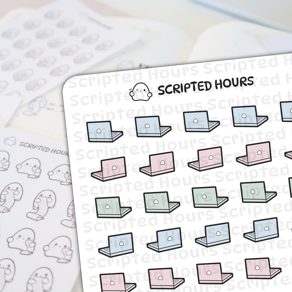 Scripted Hours planner stickers featuring a sheet of pastel blue pink and mint green laptop icons alongside another sheet of cute ghost characters holding scrolling to-do lists