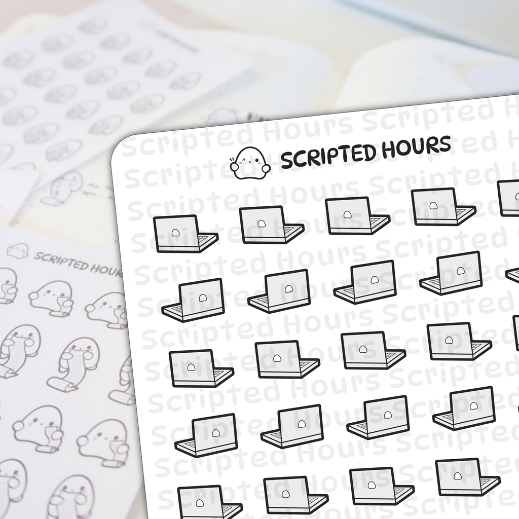 Scripted Hours digital sticker sheets with one sheet featuring repeated grey laptop icons, a black outline, and a white screen detail, along with the brand's winking ghost logo and text, overlaying a second sheet of cute white ghost characters holding long scrolls, some with pink cheeks and blue tears