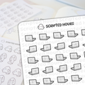 Scripted Hours digital sticker sheets with one sheet featuring repeated grey laptop icons, a black outline, and a white screen detail, along with the brand's winking ghost logo and text, overlaying a second sheet of cute white ghost characters holding long scrolls, some with pink cheeks and blue tears