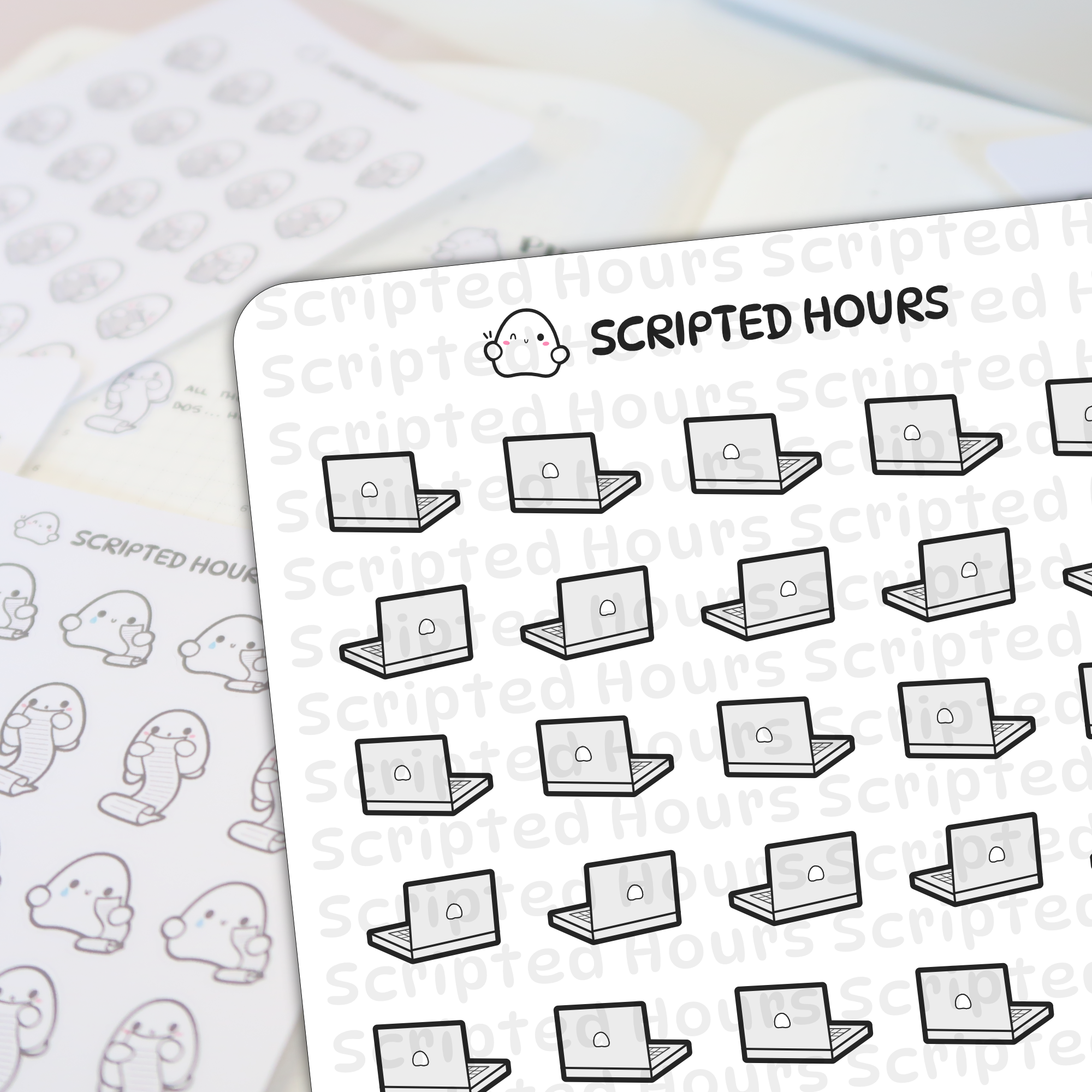 Scripted Hours digital sticker sheets with one sheet featuring repeated grey laptop icons, a black outline, and a white screen detail, along with the brand's winking ghost logo and text, overlaying a second sheet of cute white ghost characters holding long scrolls, some with pink cheeks and blue tears