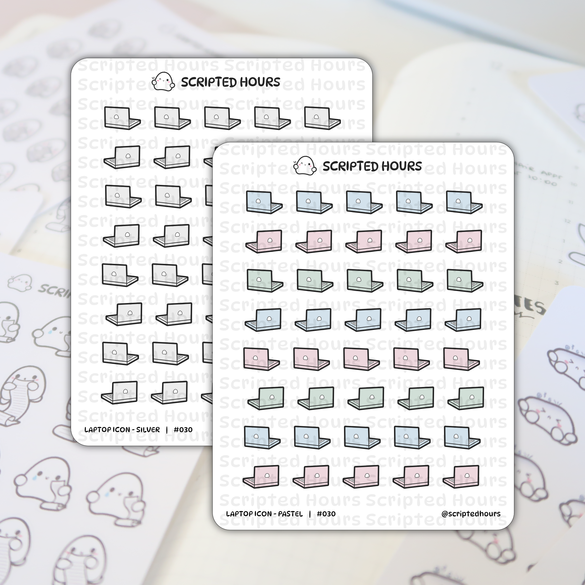 Sticker sheets by Scripted Hours featuring two sheets of laptop icons for planners, one in silver and the other with pastel pink, mint green, and light blue laptops, all including the brand's winking ghost logo, displayed on a blurred planner background with other character stickers
