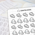 Scripted Hours digital planner stickers showing cute white blob characters holding Blob Bank credit cards and crying over bills receipts against a blurred planner background