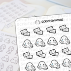 Scripted Hours digital planner stickers showing cute white blob characters holding Blob Bank credit cards and crying over bills receipts against a blurred planner background