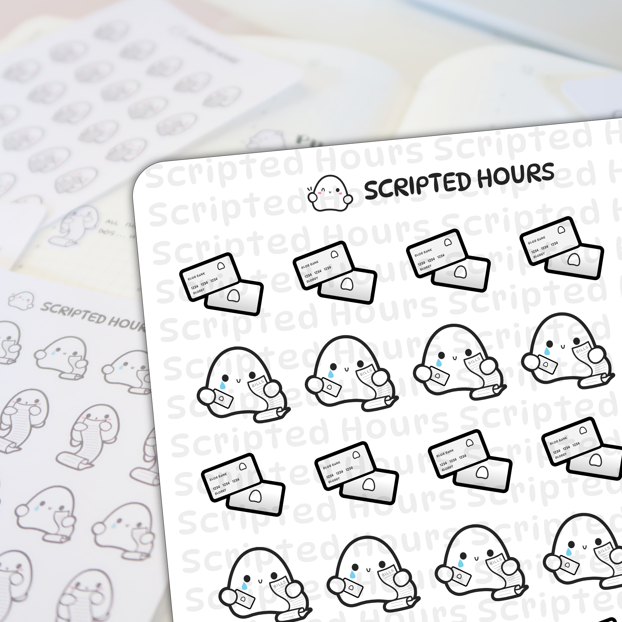 Scripted Hours digital planner stickers showing cute white blob characters holding Blob Bank credit cards and crying over bills receipts against a blurred planner background