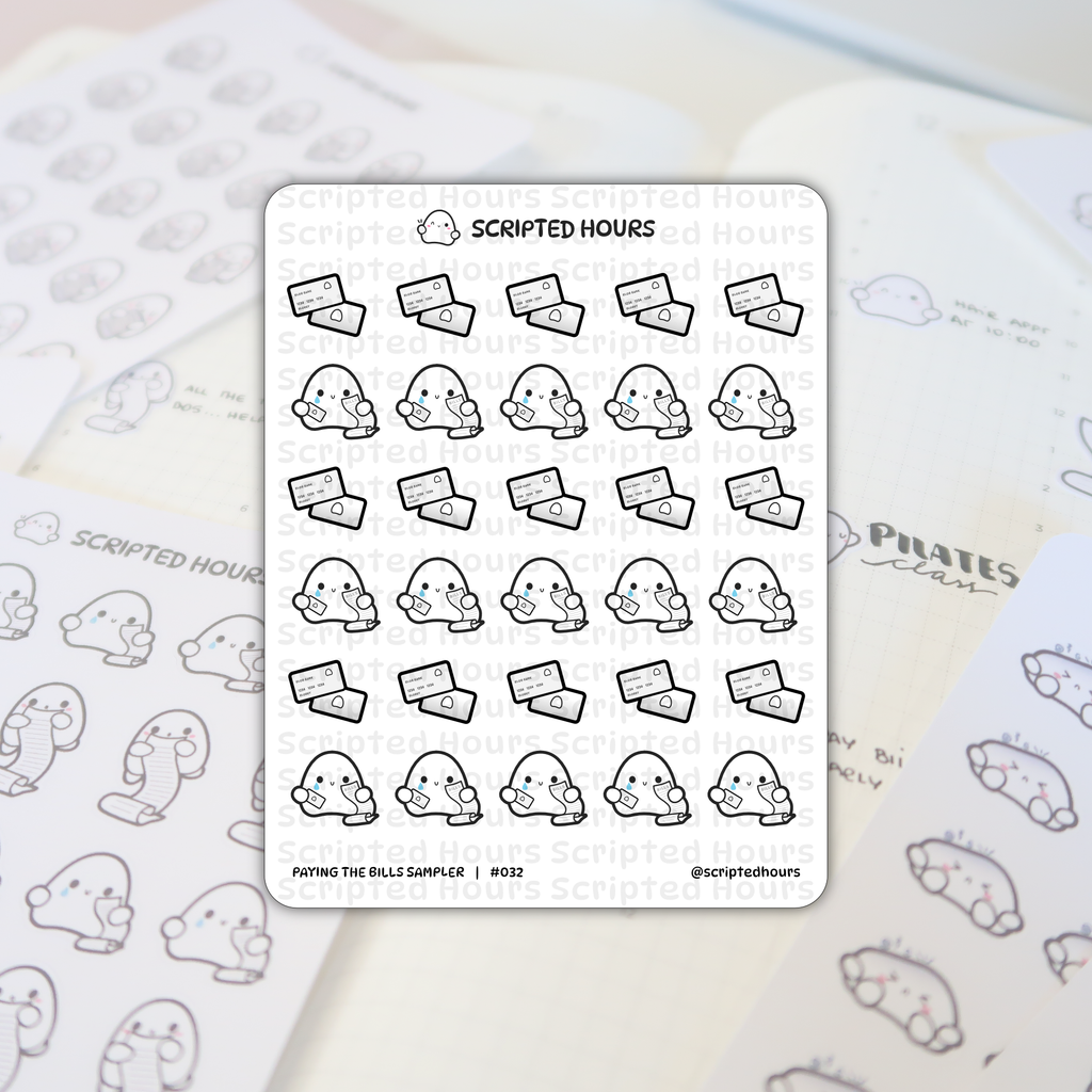 Planner stickers by Scripted Hours showing a Paying the Bills Sampler #032 sheet with white blob characters holding Elob Bank credit cards, checks, and long bills while crying blue tears, all laid on a light planner page with faint Pilates class text