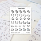 Planner stickers by Scripted Hours showing a Paying the Bills Sampler #032 sheet with white blob characters holding Elob Bank credit cards, checks, and long bills while crying blue tears, all laid on a light planner page with faint Pilates class text