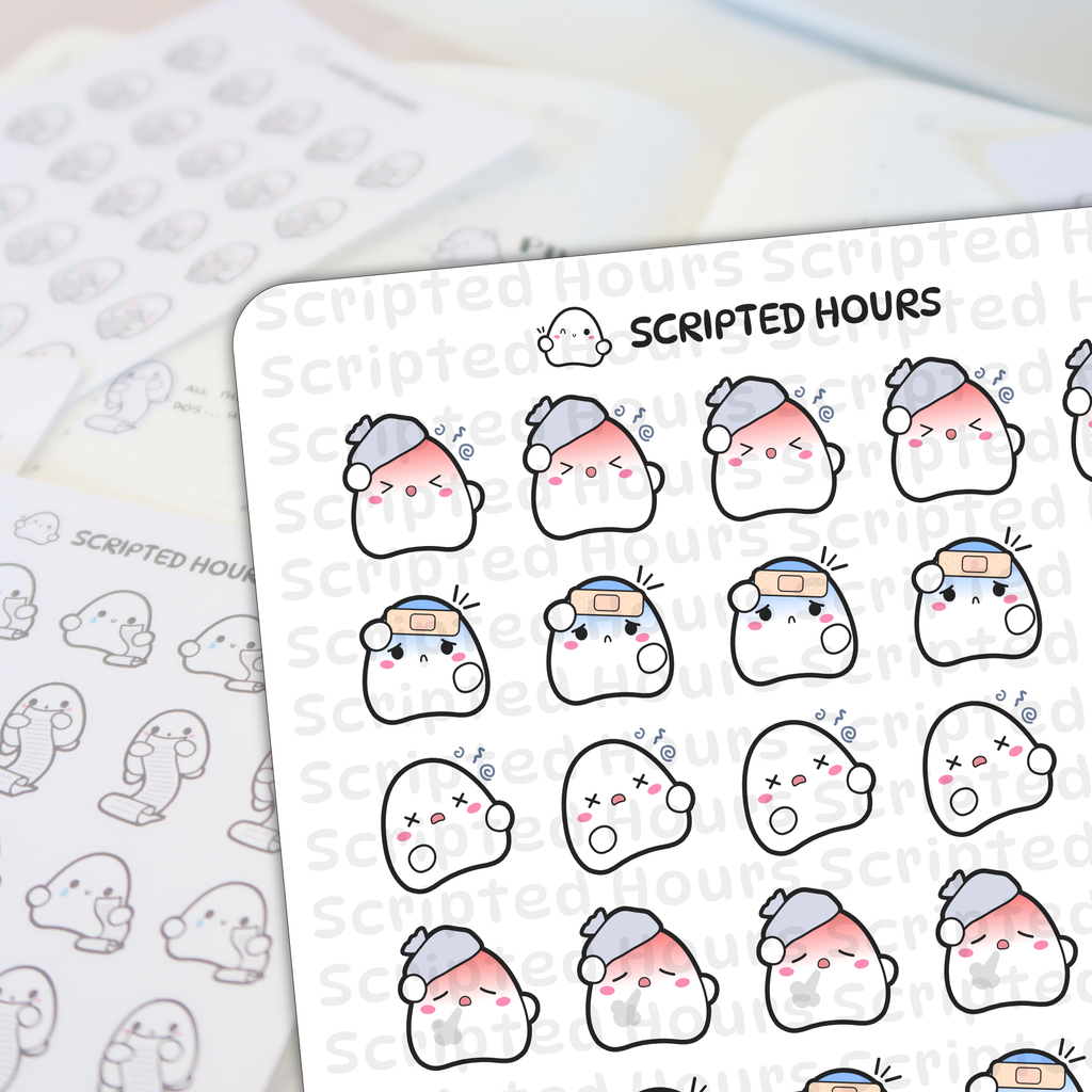 Scripted Hours planner stickers featuring cute ghost character stickers on white sheets depicting various illness symptoms including red cheeks with ice packs band-aids on foreheads and dizzy swirls