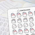 Scripted Hours planner stickers featuring cute ghost character stickers on white sheets depicting various illness symptoms including red cheeks with ice packs band-aids on foreheads and dizzy swirls