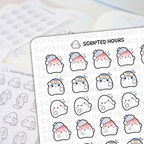 Scripted Hours planner stickers featuring cute ghost character stickers on white sheets depicting various illness symptoms including red cheeks with ice packs band-aids on foreheads and dizzy swirls