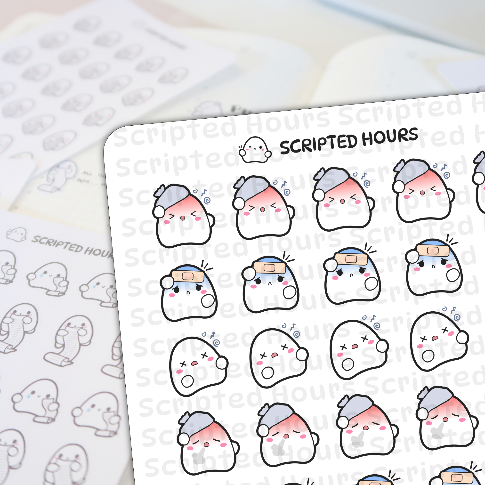 Scripted Hours planner stickers featuring cute ghost character stickers on white sheets depicting various illness symptoms including red cheeks with ice packs band-aids on foreheads and dizzy swirls