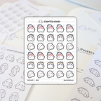 Scripted Hours planner sticker sheet displaying 'Sick Days #033' themed white blob characters with red flushed cheeks and ice packs, blue foreheads with bandages, and pale faces with x-eyes, set against a blurred planner background with 'PILATES class' visible