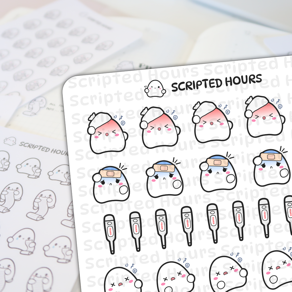 Digital die-cut stickers by Scripted Hours showing cute ghost characters in various states of illness some with pink flushed cheeks blue forehead bandages and thermometers marked FEUER laid over a blurred planner page