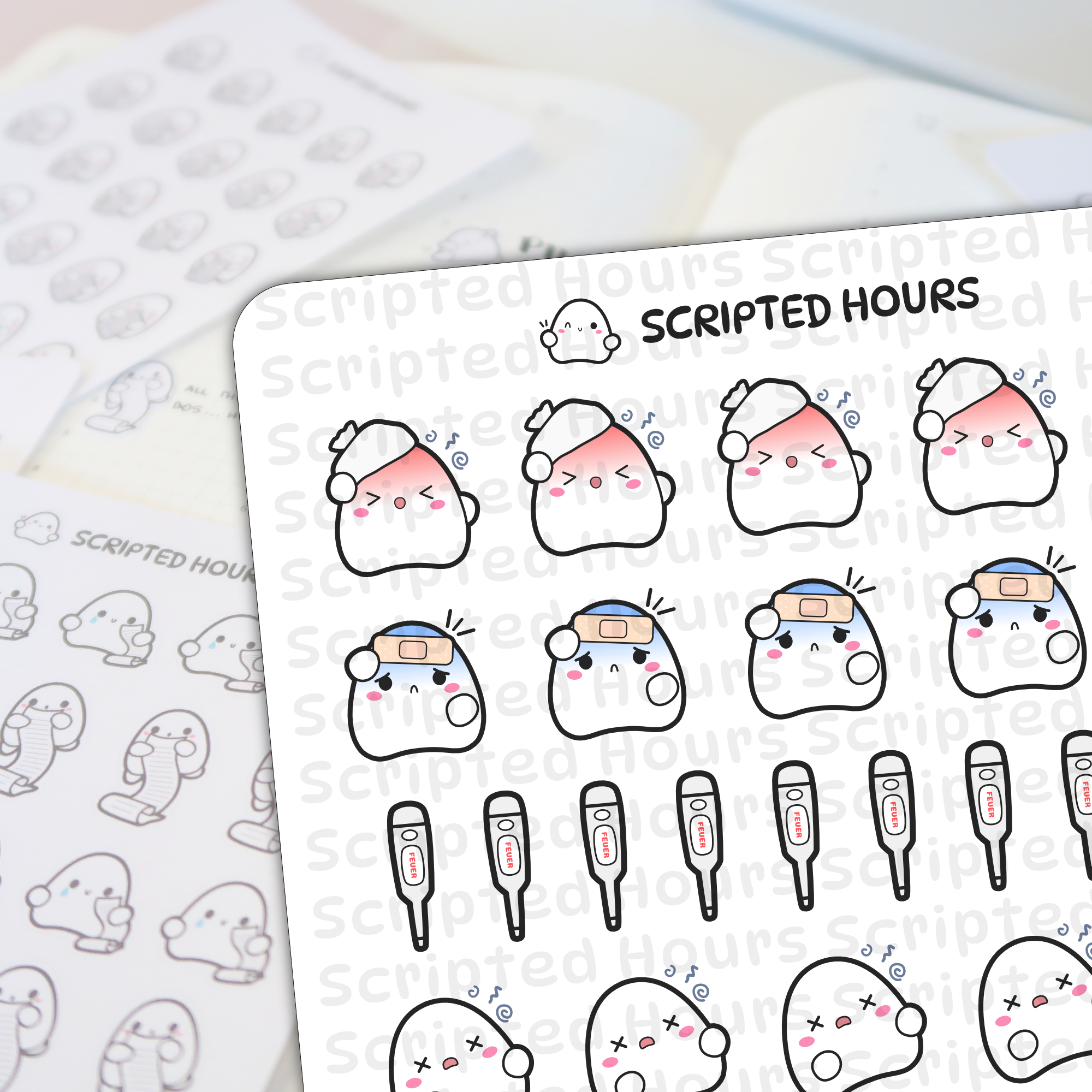 Digital die-cut stickers by Scripted Hours showing cute ghost characters in various states of illness some with pink flushed cheeks blue forehead bandages and thermometers marked FEUER laid over a blurred planner page