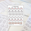 Scripted Hours planner stickers displaying a Sick Days Sampler sheet filled with cute white blob characters expressing illness through red head compresses, blue bandages, fever thermometers, and orange Rx medicine bottles, all resting on an open planner page with faint 'PILATES class' text
