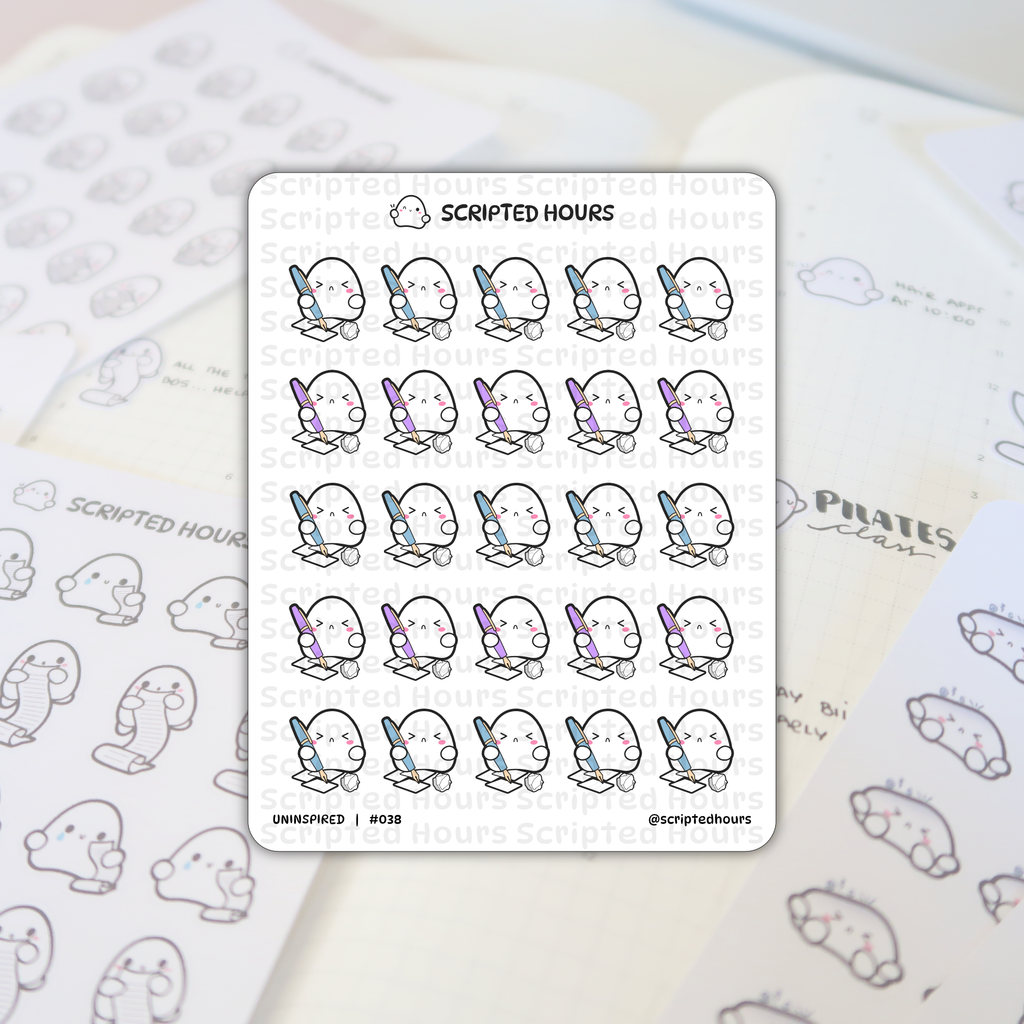 Scripted Hours planner sticker sheet Uninspired #038 featuring rows of adorable white ghost-like characters holding blue or purple pens with crumpled papers, displayed on an open planner showing "PILATES class" and "HAVE APPT AT 10:00" text