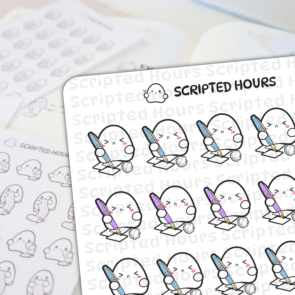 Digital illustration by Scripted Hours of rows of adorable white ghost-like planner stickers with pink cheeks some winking or frowning holding blue and purple fountain pens while writing on tiny papers next to crumpled paper with other ghost stickers in the blurred background