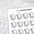 Digital illustration by Scripted Hours of rows of adorable white ghost-like planner stickers with pink cheeks some winking or frowning holding blue and purple fountain pens while writing on tiny papers next to crumpled paper with other ghost stickers in the blurred background