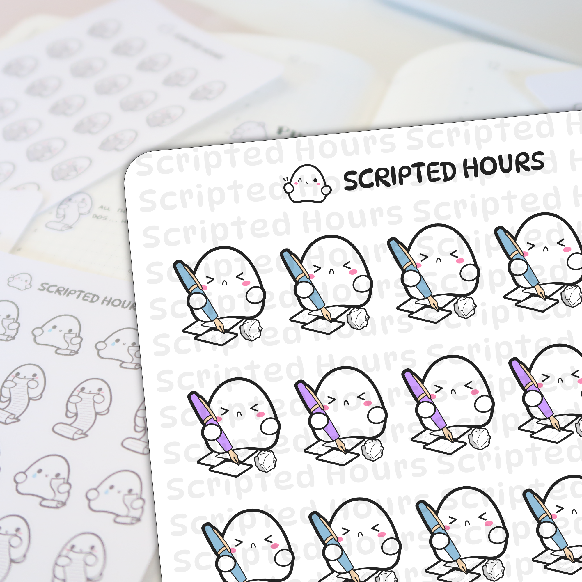 Digital illustration by Scripted Hours of rows of adorable white ghost-like planner stickers with pink cheeks some winking or frowning holding blue and purple fountain pens while writing on tiny papers next to crumpled paper with other ghost stickers in the blurred background