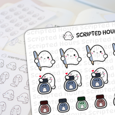 Scripted Hours planner stickers featuring kawaii white ghost characters holding light blue fountain pens and hugging vibrant ink bottles, displayed on crisp white sticker sheets with blurred ghost stationery in the background