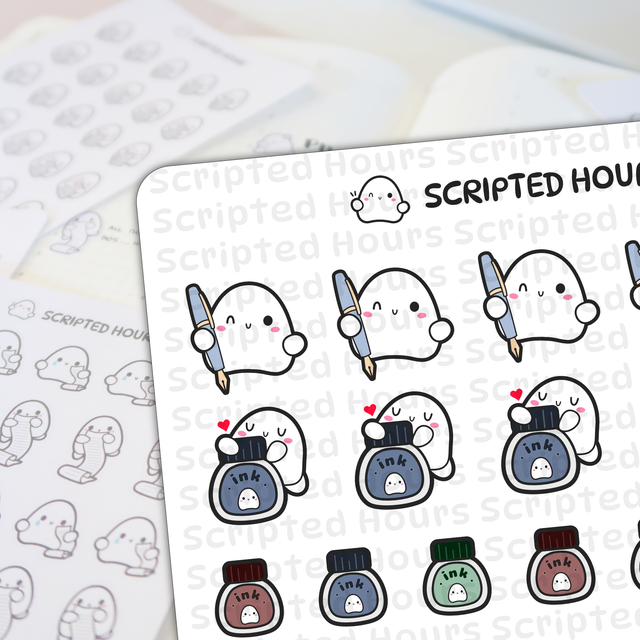 Scripted Hours planner stickers featuring kawaii white ghost characters holding light blue fountain pens and hugging vibrant ink bottles, displayed on crisp white sticker sheets with blurred ghost stationery in the background
