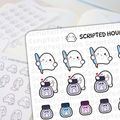 Digital art by Scripted Hours features a sheet of cute white ghost planner stickers on a planner page, with ghosts holding blue fountain pens, others hugging pastel purple, pink, and blue ink bottles, and the Scripted Hours logo ghost winking