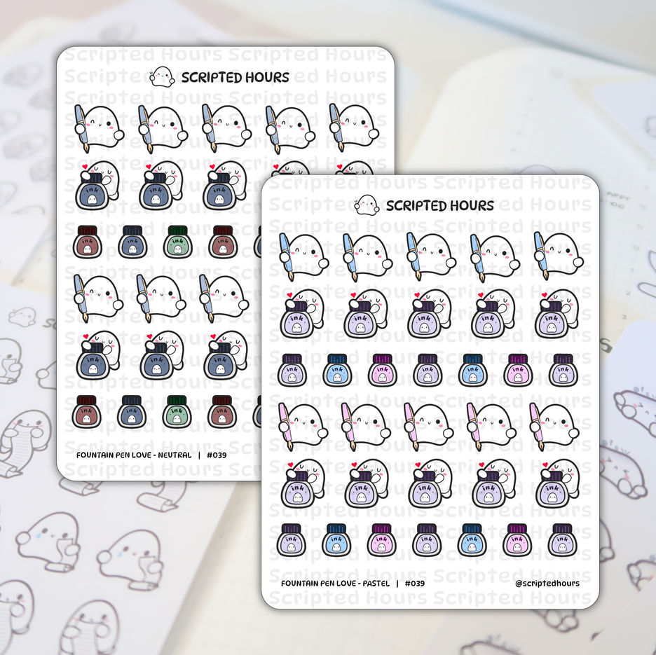Scripted Hours die-cut planner stickers feature two sheets of kawaii ghost designs on a light background, with ghosts holding blue or pink fountain pens, hugging ink bottles with tiny ghost faces and heart accents, labelled Fountain Pen Love Neutral and Fountain Pen Love Pastel