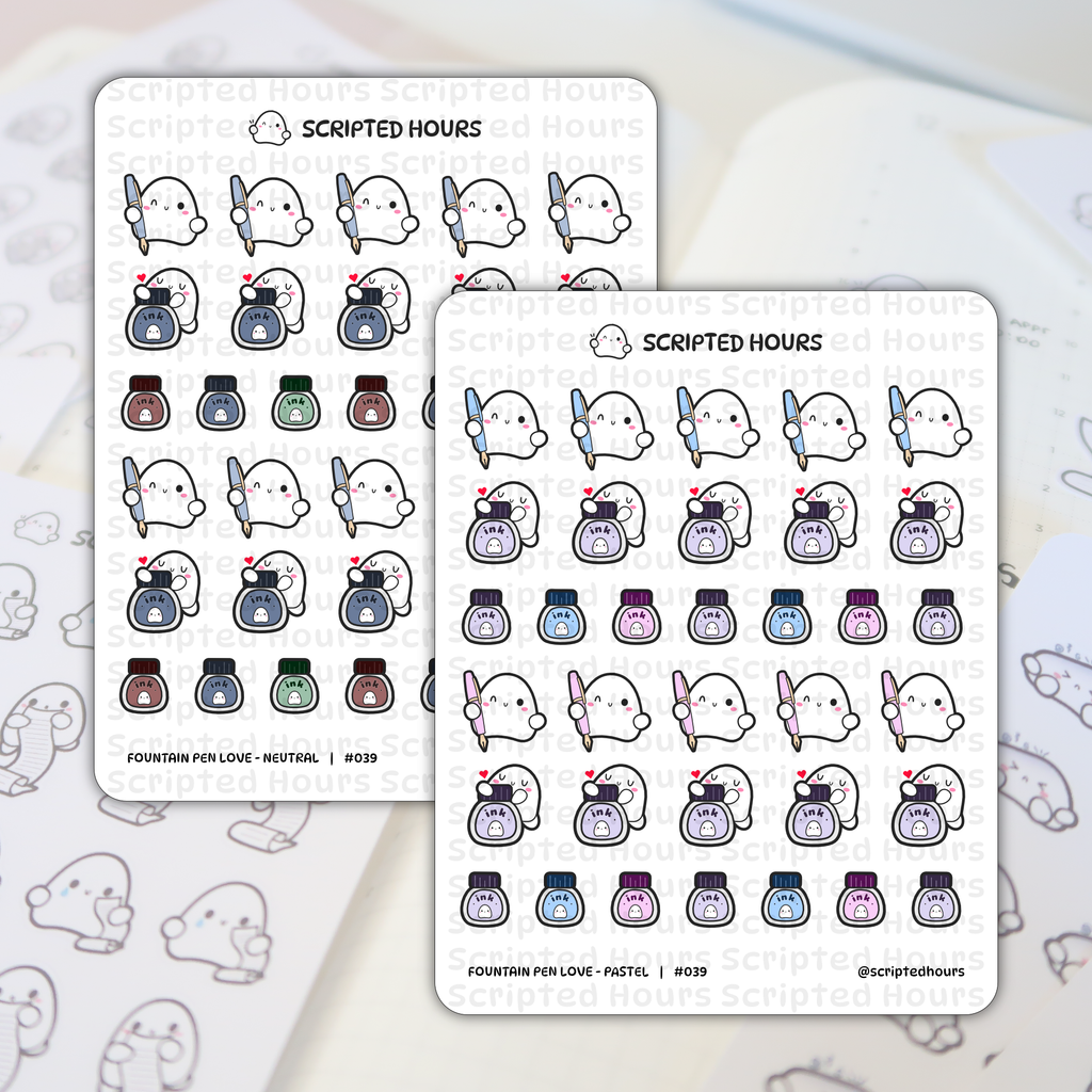 Scripted Hours die-cut planner stickers feature two sheets of kawaii ghost designs on a light background, with ghosts holding blue or pink fountain pens, hugging ink bottles with tiny ghost faces and heart accents, labelled Fountain Pen Love Neutral and Fountain Pen Love Pastel