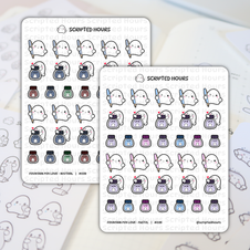 Scripted Hours die-cut planner stickers feature two sheets of kawaii ghost designs on a light background, with ghosts holding blue or pink fountain pens, hugging ink bottles with tiny ghost faces and heart accents, labelled Fountain Pen Love Neutral and Fountain Pen Love Pastel