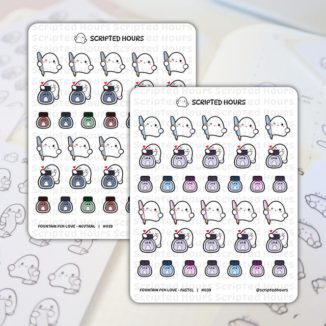 Scripted Hours die-cut planner stickers feature two sheets of kawaii ghost designs on a light background, with ghosts holding blue or pink fountain pens, hugging ink bottles with tiny ghost faces and heart accents, labelled Fountain Pen Love Neutral and Fountain Pen Love Pastel
