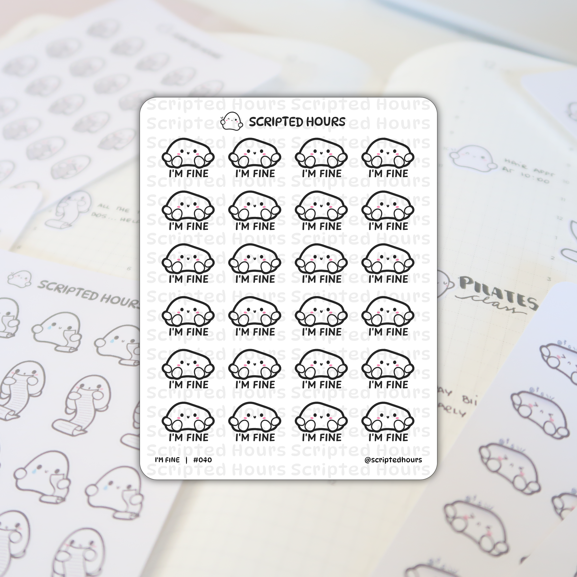 Scripted Hours sticker sheet featuring multiple white rock characters with pink cheeks and "I'M FINE" text, overlaid on a blurry planner with visible "PILATES class" and "HAVE APPT AT 10:00" notes and a partial sheet of ghost-like characters holding scrolls