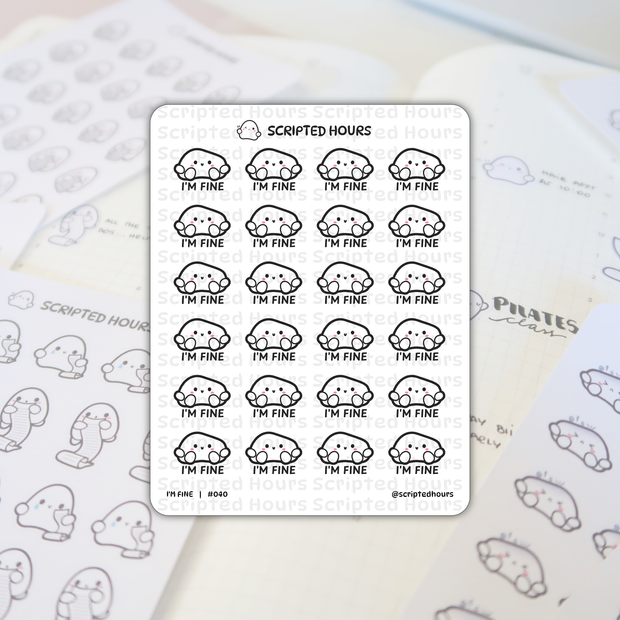 Scripted Hours sticker sheet featuring multiple white rock characters with pink cheeks and "I'M FINE" text, overlaid on a blurry planner with visible "PILATES class" and "HAVE APPT AT 10:00" notes and a partial sheet of ghost-like characters holding scrolls