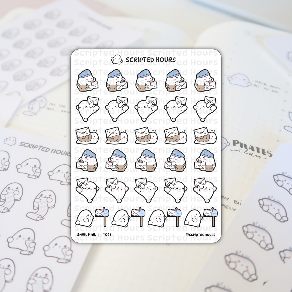 Scripted Hours sticker sheet of "Snail Mail" themed planner stickers resting on an open journal, featuring cute white ghost-like characters as postmen with blue hats and brown bags, snails carrying envelopes with heart seals, and characters dropping letters into mailboxes in a charming cartoon style