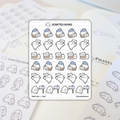 Scripted Hours sticker sheet of "Snail Mail" themed planner stickers resting on an open journal, featuring cute white ghost-like characters as postmen with blue hats and brown bags, snails carrying envelopes with heart seals, and characters dropping letters into mailboxes in a charming cartoon style