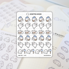 Scripted Hours sticker sheet of "Snail Mail" themed planner stickers resting on an open journal, featuring cute white ghost-like characters as postmen with blue hats and brown bags, snails carrying envelopes with heart seals, and characters dropping letters into mailboxes in a charming cartoon style