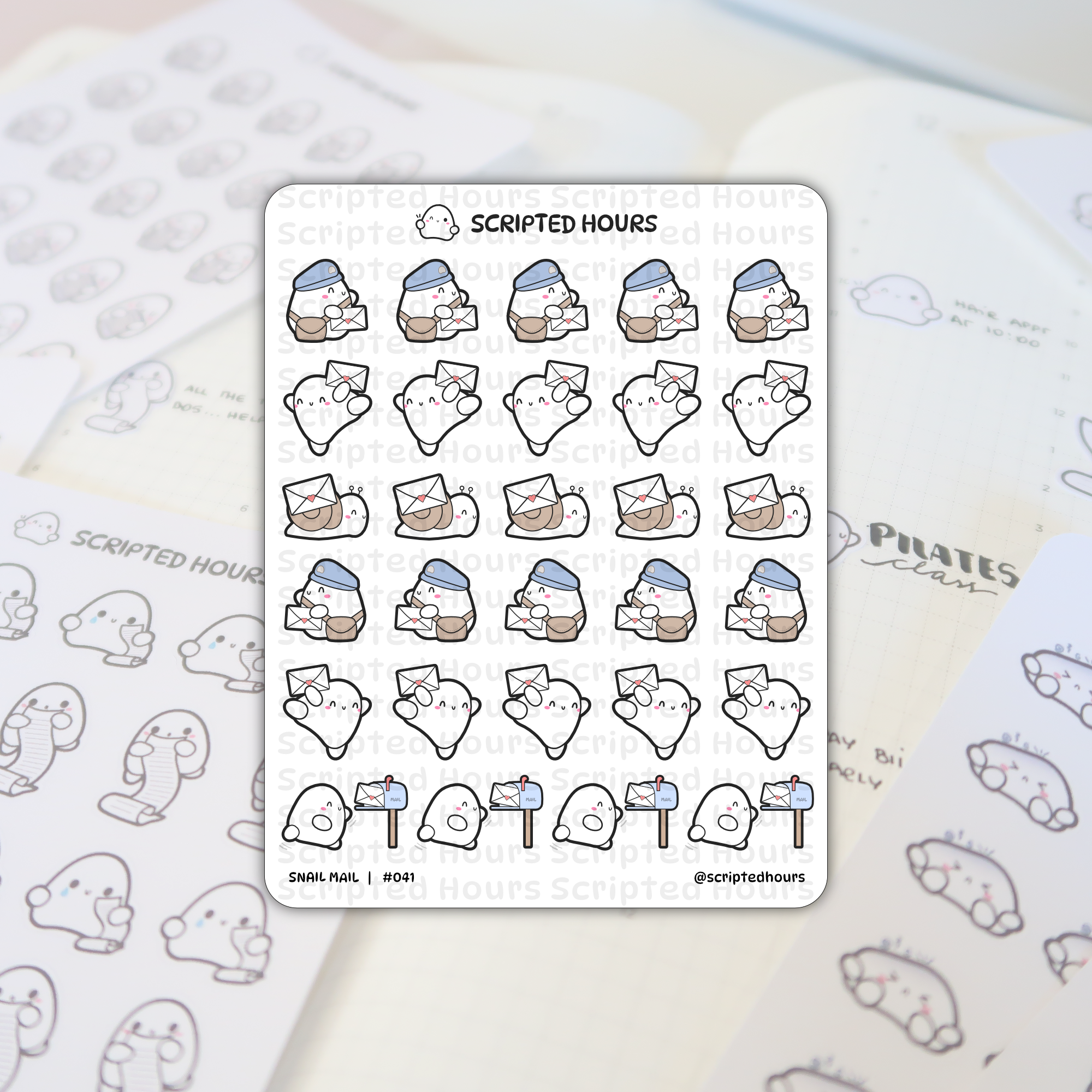 Scripted Hours sticker sheet of "Snail Mail" themed planner stickers resting on an open journal, featuring cute white ghost-like characters as postmen with blue hats and brown bags, snails carrying envelopes with heart seals, and characters dropping letters into mailboxes in a charming cartoon style