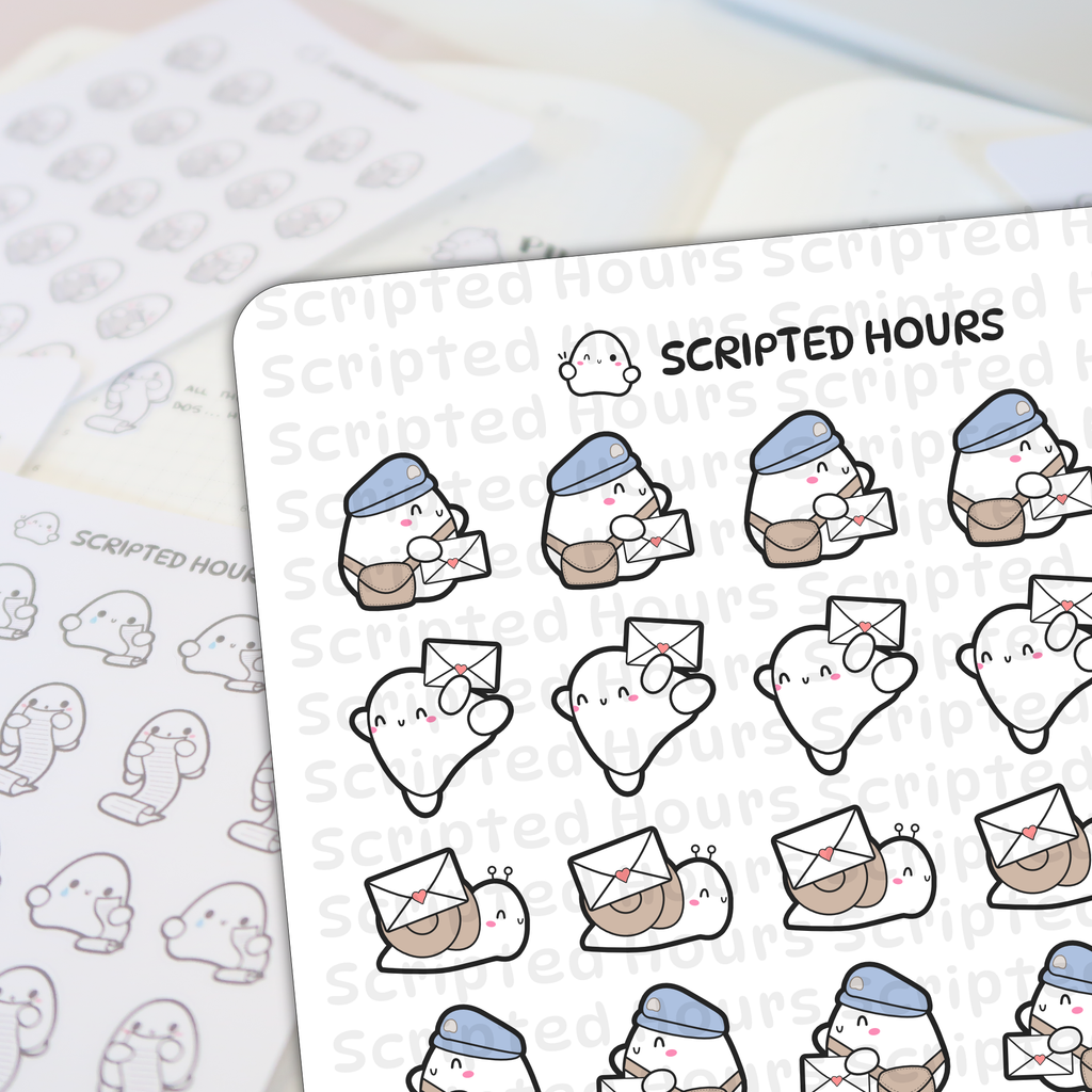 Scripted Hours planner stickers featuring kawaii ghost postmen wearing blue hats and brown satchels holding heart-stamped envelopes alongside white snails with brown shells carrying similar mail on a white sheet