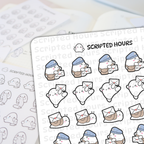 Scripted Hours planner stickers featuring kawaii ghost postmen wearing blue hats and brown satchels holding heart-stamped envelopes alongside white snails with brown shells carrying similar mail on a white sheet
