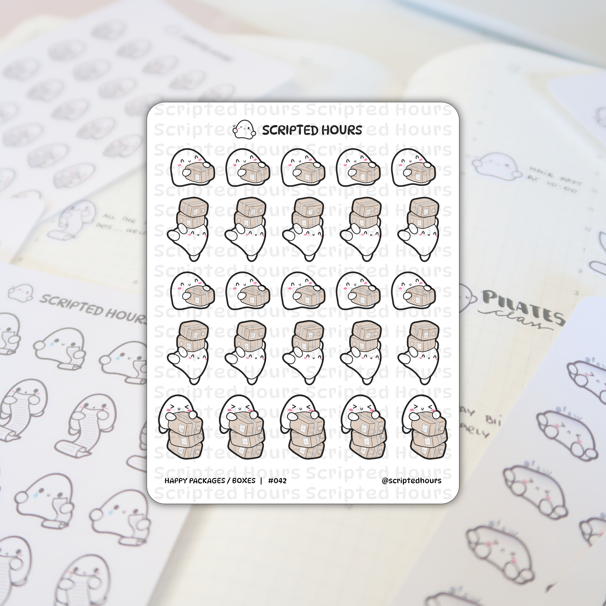 Scripted Hours 'Happy Packages / Boxes #042' sticker sheet featuring cute white ghost characters with pink cheeks joyfully carrying brown cardboard boxes, presented on a light-colored planner background with subtle 'PILATES class' text and companion ghost stickers