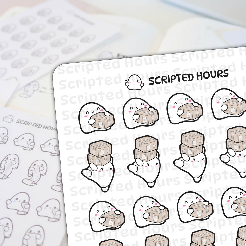 Digital sticker sheet from Scripted Hours displaying rows of cute white ghost characters with pink cheeks, holding either single or stacked brown shipping boxes, with a blurred background showing similar ghosts holding rolled lists