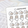 Digital sticker sheet from Scripted Hours displaying rows of cute white ghost characters with pink cheeks, holding either single or stacked brown shipping boxes, with a blurred background showing similar ghosts holding rolled lists