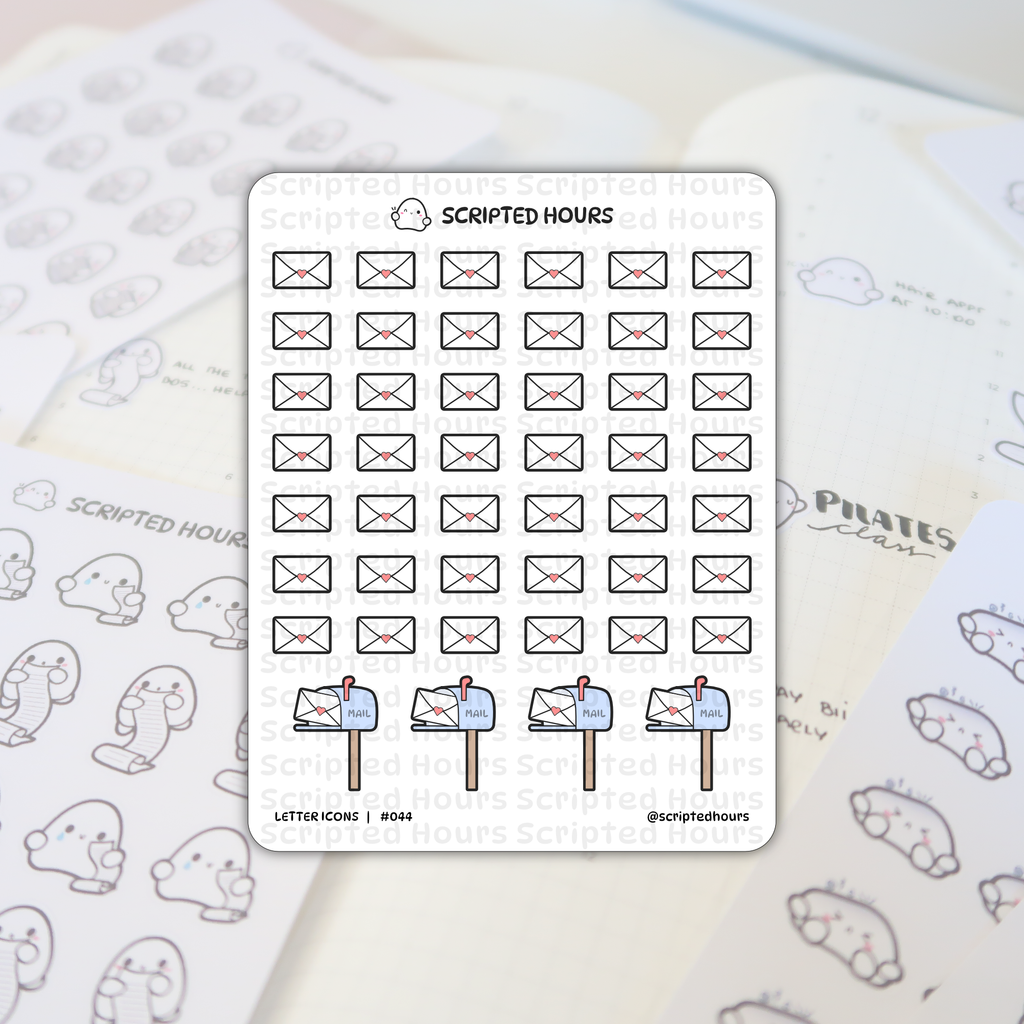 Scripted Hours sticker sheet featuring dozens of tiny black outline envelopes with pink hearts and a bottom row of blue mailboxes with "MAIL" flags displayed on an open white planner with ghost-like stickers and gray "Pilates class" text