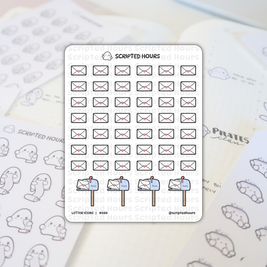 Scripted Hours sticker sheet featuring dozens of tiny black outline envelopes with pink hearts and a bottom row of blue mailboxes with 