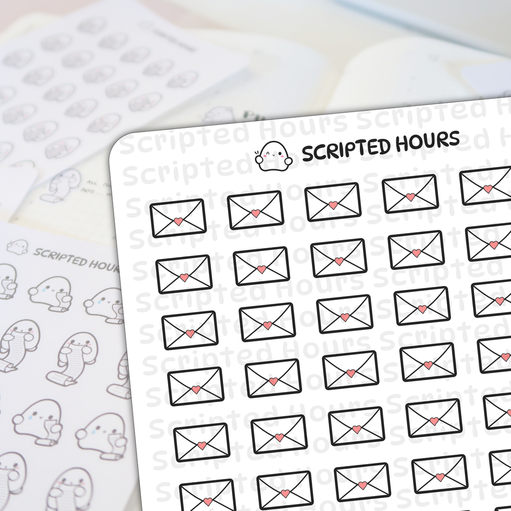 Scripted Hours planner stickers featuring a sheet of black-outlined white envelopes with pink heart seals and another sheet of cute ghost characters holding long checklists, alongside the brand's winking ghost logo